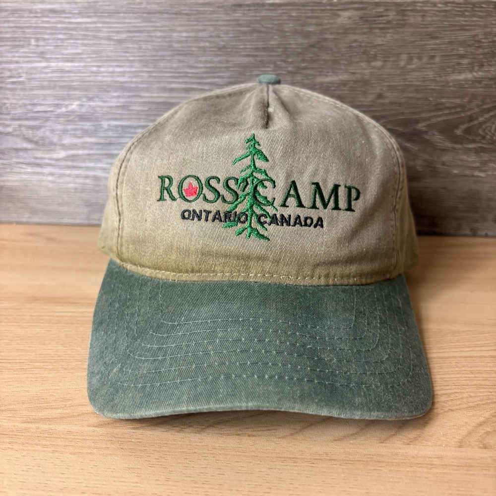 Ross Camp Hat Cap Snap Back Green Tan Ontario Canada Embroidered Canvas Mens